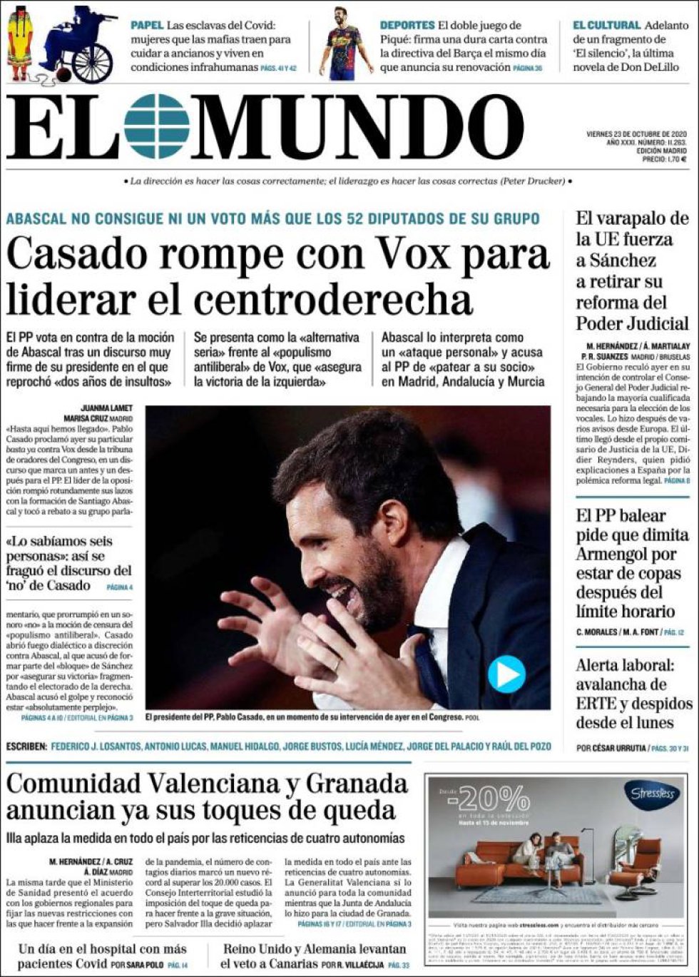 'Casado rompe con Vox para liderar el centroderecha', titula 'El Mundo' 'Casado rompe con Vox para liderar el centroderecha', titula 'El Mundo'