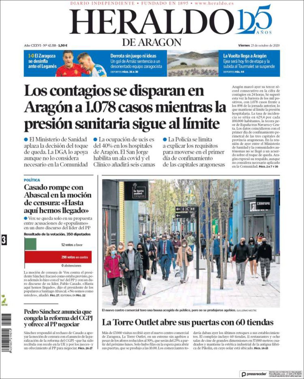 'Casado rompe con Abascal en la moción de censura: "Hasta aquí hemos llegado", titula 'Heraldo de Aragón' 'Casado rompe con Abascal en la moción de censura: "Hasta aquí hemos llegado", titula 'Heraldo de Aragón'