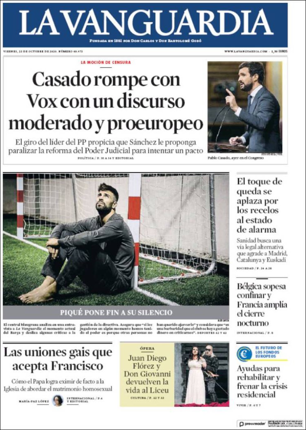 'Casado rompe con Vox con un discurso moderado y proeuropeo', titula 'La Vanguardia' 'Casado rompe con Vox con un discurso moderado y proeuropeo', titula 'La Vanguardia'