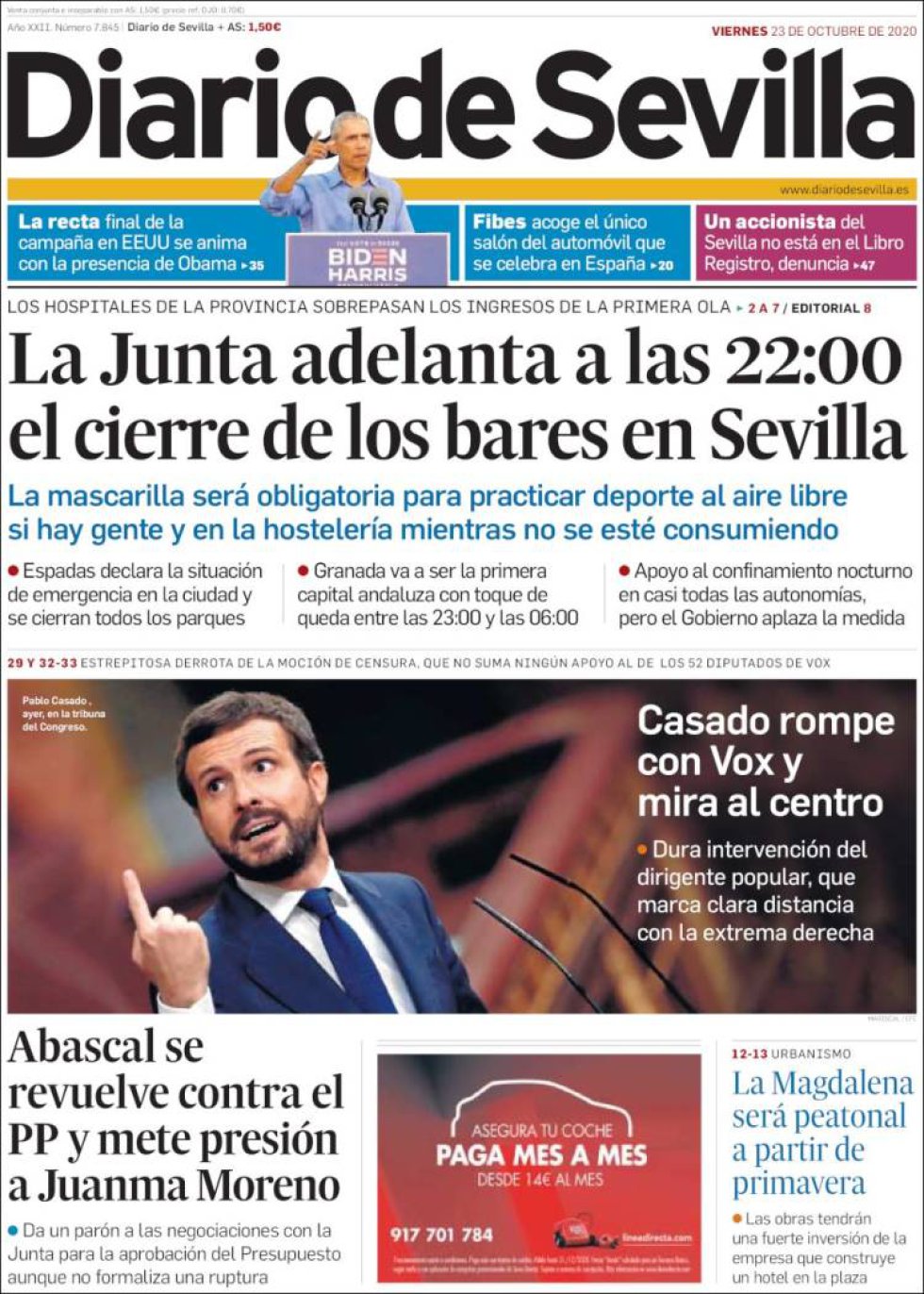'Casado rompe con Vox y mira al centro', titula 'Diario de Sevilla' 'Casado rompe con Vox y mira al centro', titula 'Diario de Sevilla'