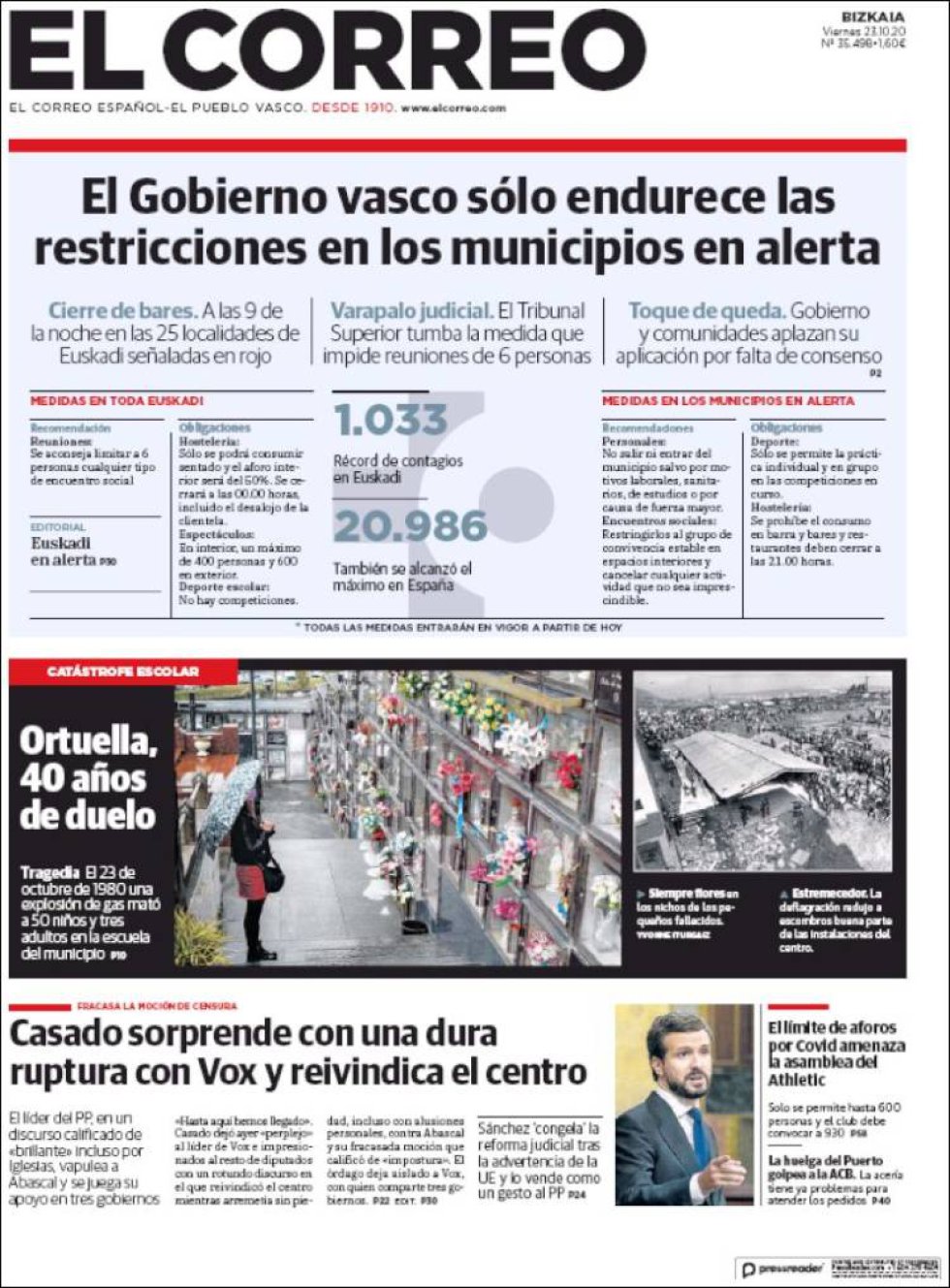 'Casado sorprende con una dura ruptura con Vox y reivindica el centro', titula 'El Correo' 'Casado sorprende con una dura ruptura con Vox y reivindica el centro', titula 'El Correo'