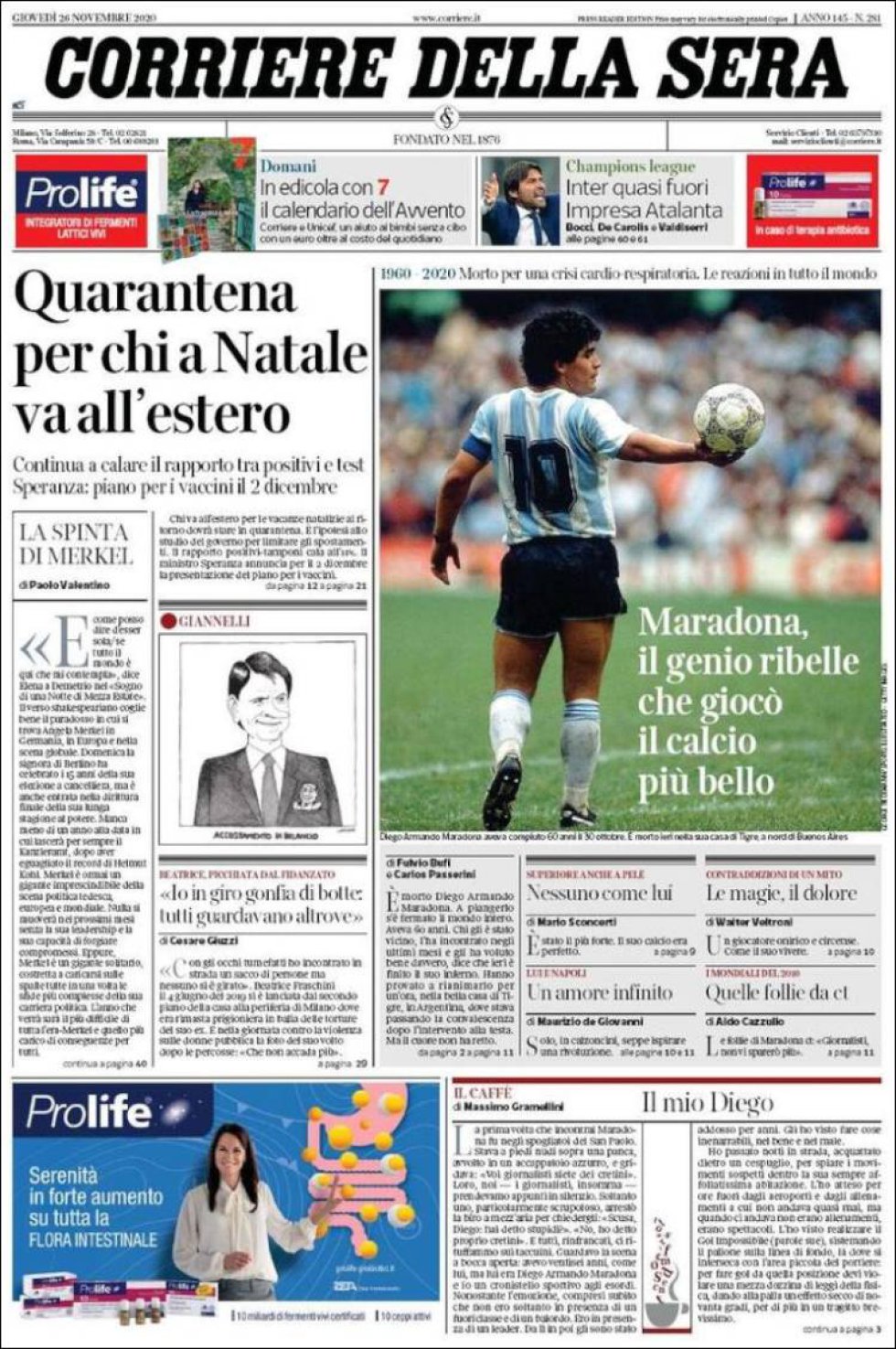 'Maradona, el genio rebelde que jugó el fútbol más bello', dice 'Corriere della Sera' 'Maradona, el genio rebelde que jugó el fútbol más bello', dice 'Corriere della Sera'