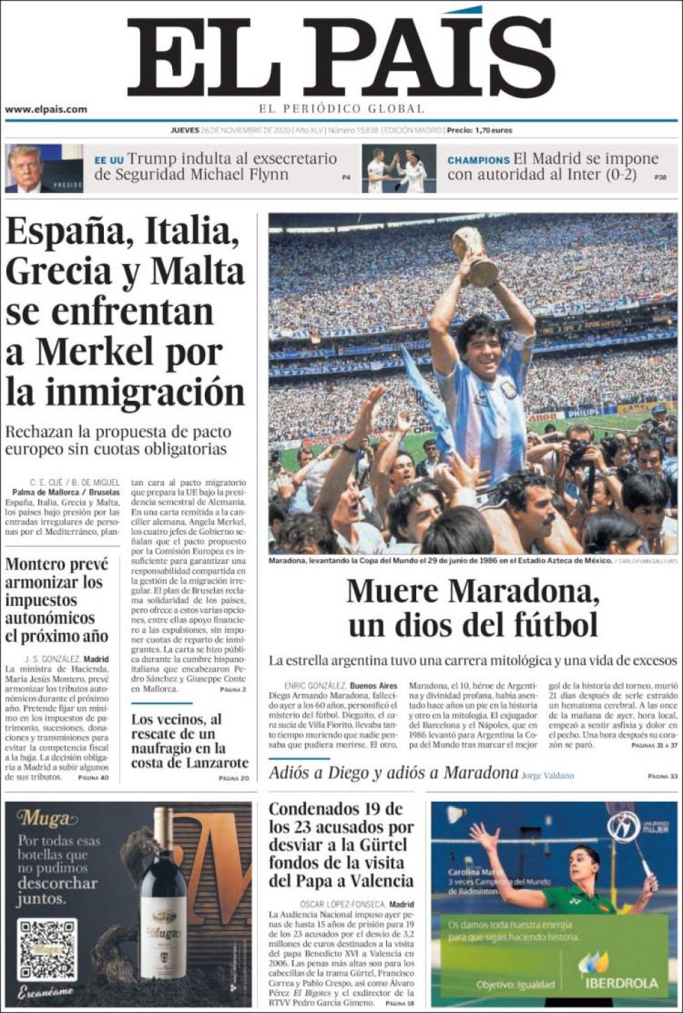 'Muere Maradona, un dios del fútbol', titula 'El País' 'Muere Maradona, un dios del fútbol', titula 'El País'