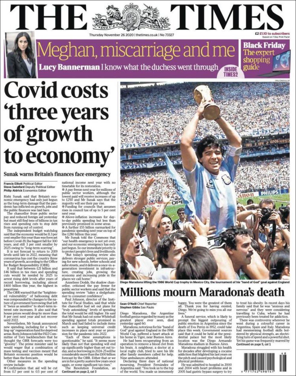 'Millones mueren la muerte de Maradona', titula el diairo británico 'The Times' 'Millones mueren la muerte de Maradona', titula el diairo británico 'The Times'