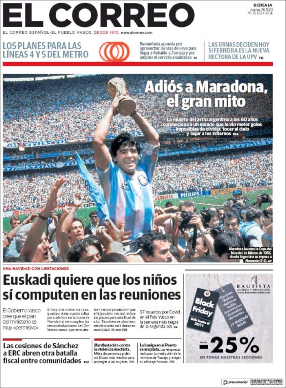 'Adiós a Maradona, el gran mito', titula 'El Correo' 'Adiós a Maradona, el gran mito', titula 'El Correo'
