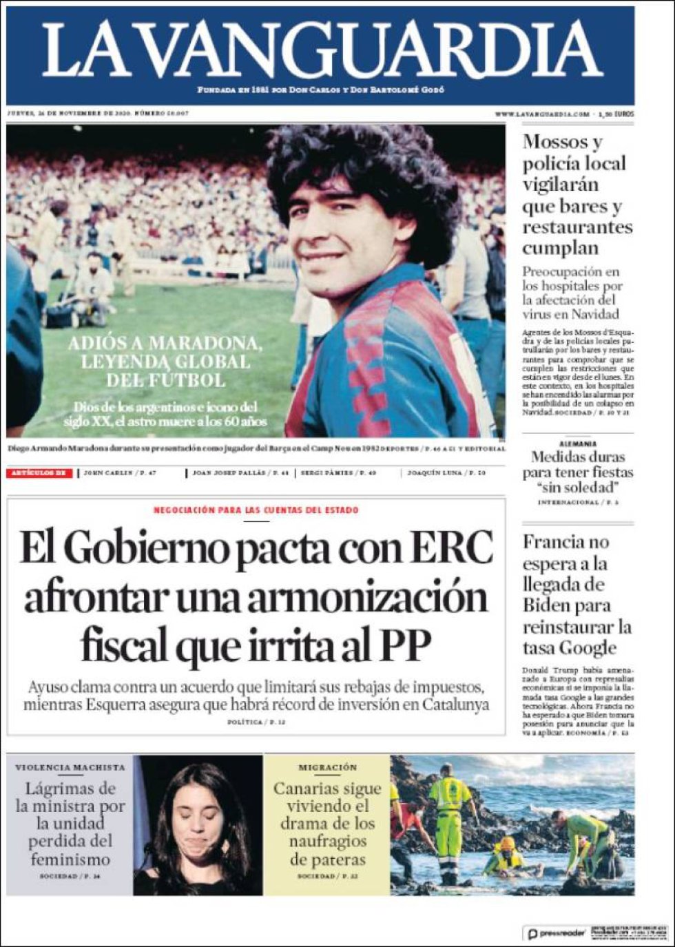 'Adiós a Maradona, leyenda global del fútbol', señala 'La Vanguardia' con una foto del futbolista de su época en el Barça 'Adiós a Maradona, leyenda global del fútbol', señala 'La Vanguardia' con una foto del futbolista de su época en el Barça