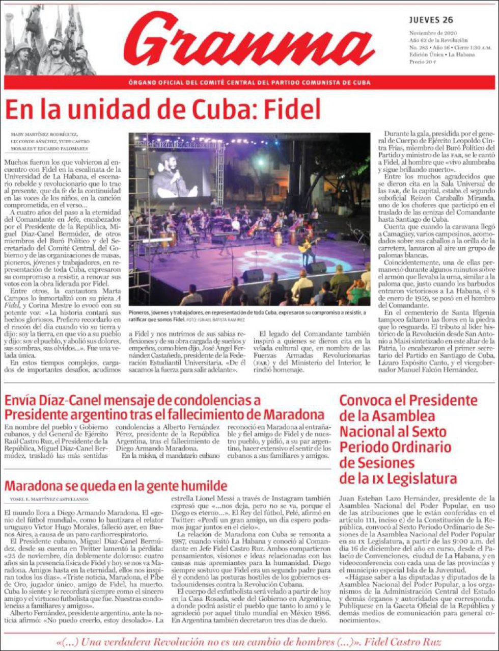 'Maradona se queda en la gente humilde', titula el diario cubano 'Granma', que no le da la foto de portada al futbolista, que vivió largas temporadas allí 'Maradona se queda en la gente humilde', titula el diario cubano 'Granma', que no le da la foto de portada al futbolista, que vivió largas temporadas allí