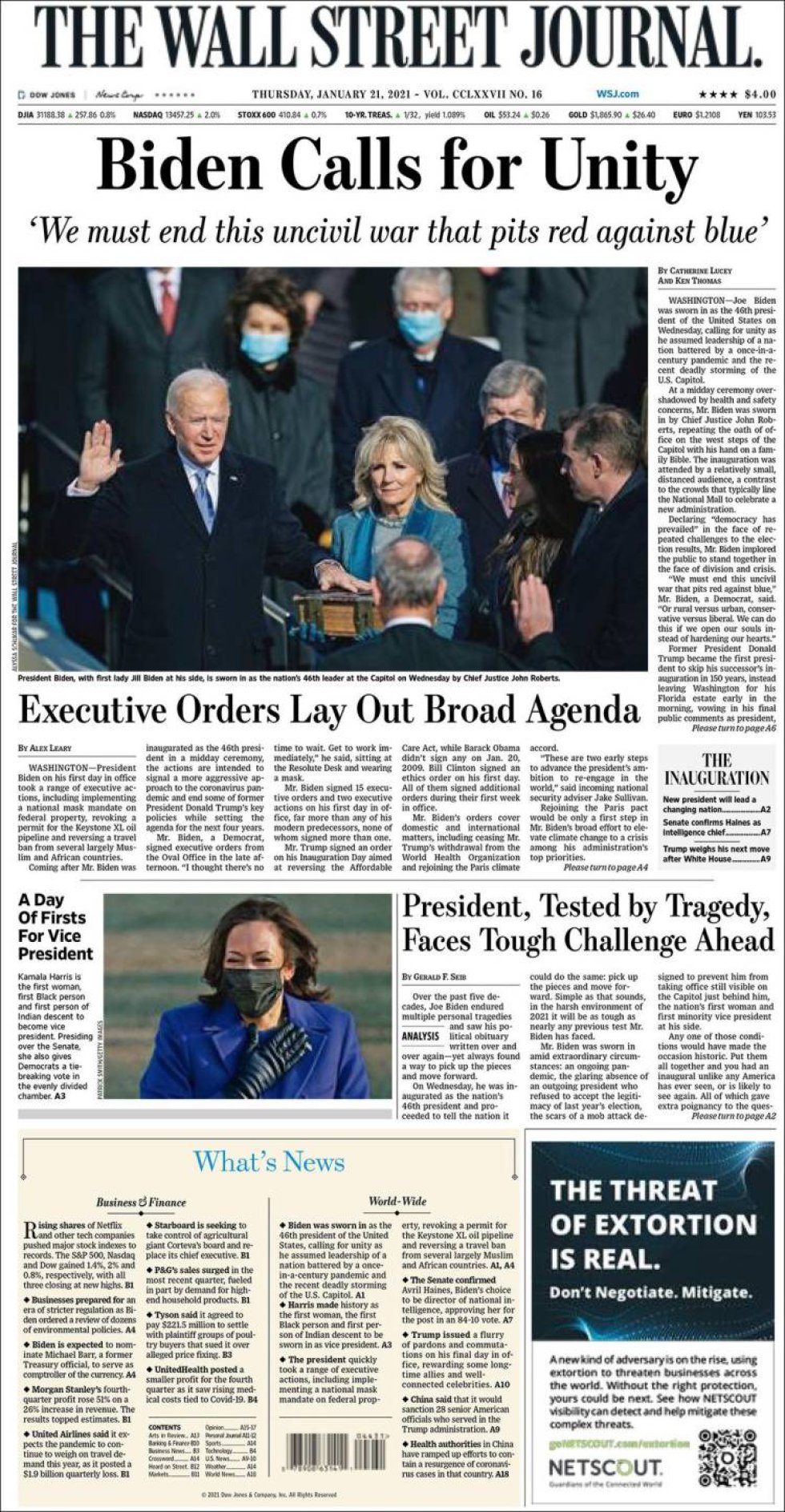'Biden llama a la unidad', dice el diario norteamericano 'The Wall Street Journal' 'Biden llama a la unidad', dice el diario norteamericano 'The Wall Street Journal'