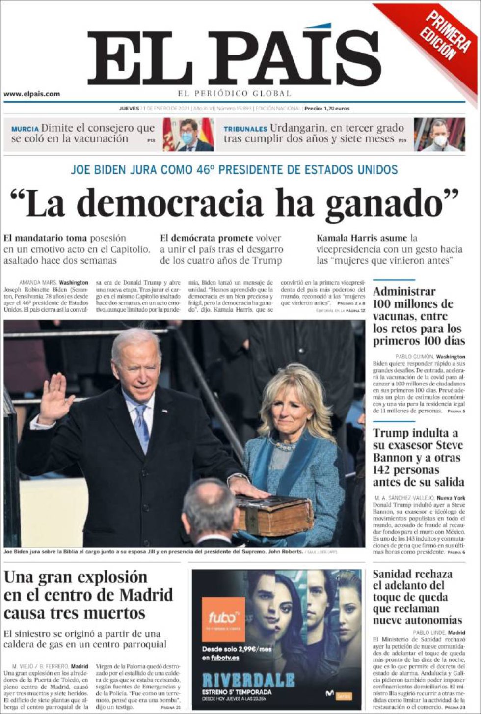 "La democracia ha ganado", destaca el diario español 'El País' "La democracia ha ganado", destaca el diario español 'El País'