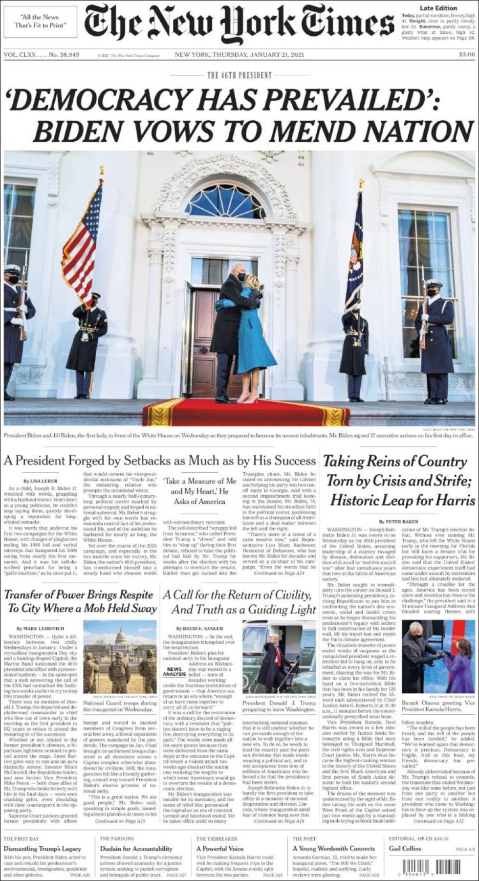 "La democracia ha prevalecido": Biden apuesta por reparar la nación, señala el diario 'The New York Times' "La democracia ha prevalecido": Biden apuesta por reparar la nación, señala el diario 'The New York Times'