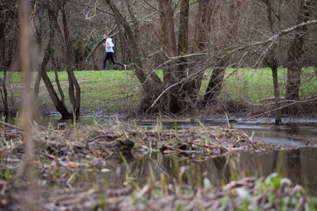 Un hombre corre por el Parque del Rio Miño, junto a fincas anegadas por las crecidas del rio en las ultimas fechas