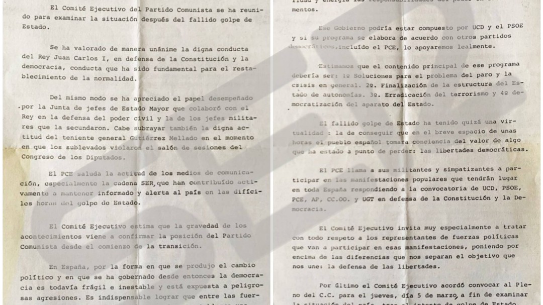 El rey, los medios y el respeto a los oponentes políticos: lo que el Partido Comunista dijo tras el 23-F