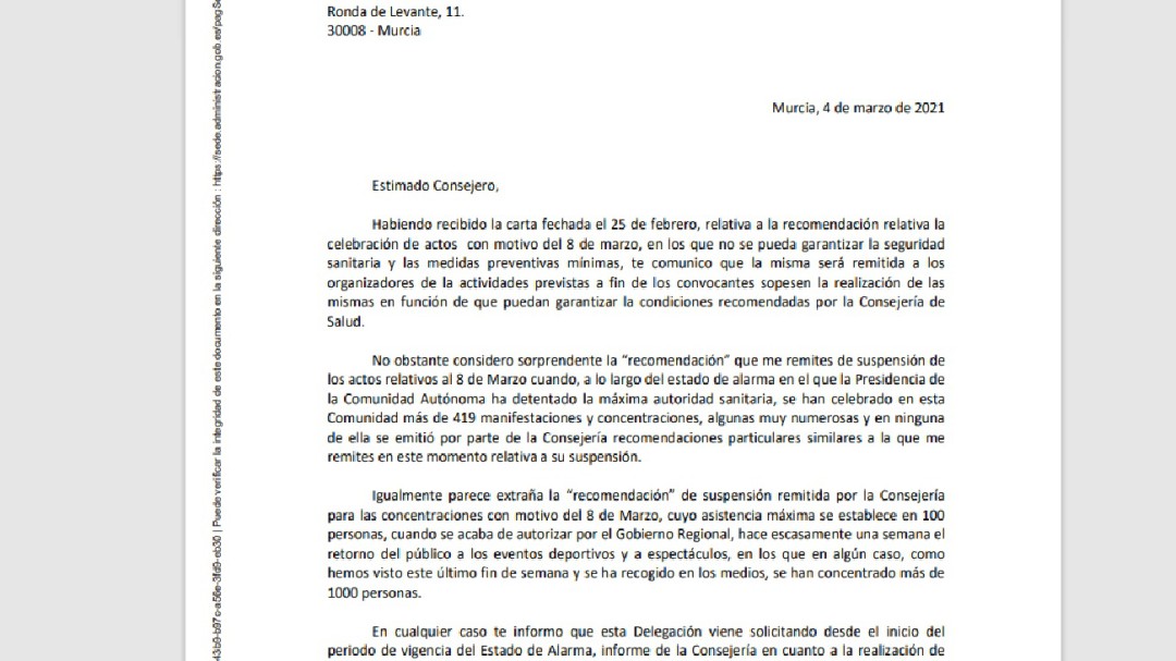 Vélez "extrañado" por la recomendación de Salud de suspender el 8M, cuando no hay ningún informe negativo