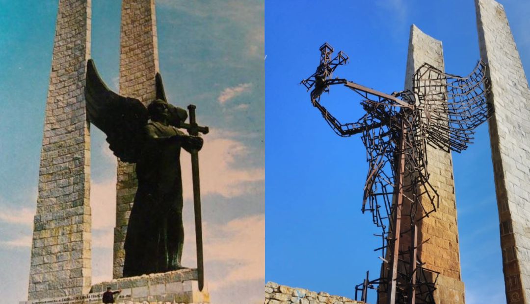 Imagen del antes y el después del 'Ángel' de Valdepeñas, tras el atentado que sufrió en 1976 