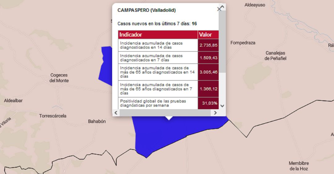 El mapa del Servicio de Epidemiología de la Junta refleja esa alta tasa en Campaspero.