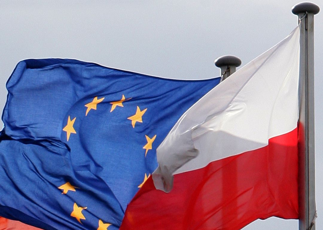Dos banderas de la UE y Polonia ondeando al viento.