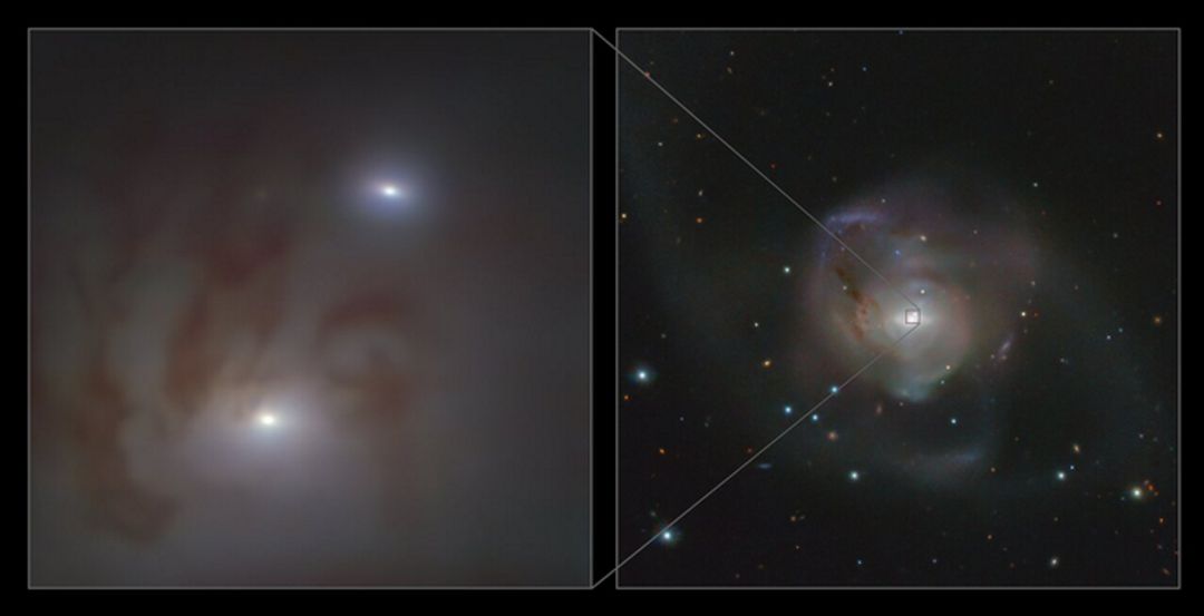 Imágenes de la galaxia que contiene los dos agujeros negros supermasivos más cercanos a la Tierra descubiertos hasta ahora.