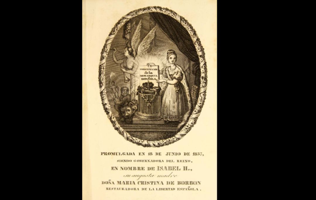 Portada de la Constitución de 1837 en el que se muestra a la Reina niña, Isabel II