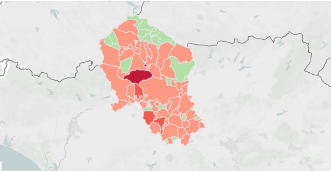 Mapa de incidencia acumulada a 14 días en la provincia de Córdoba