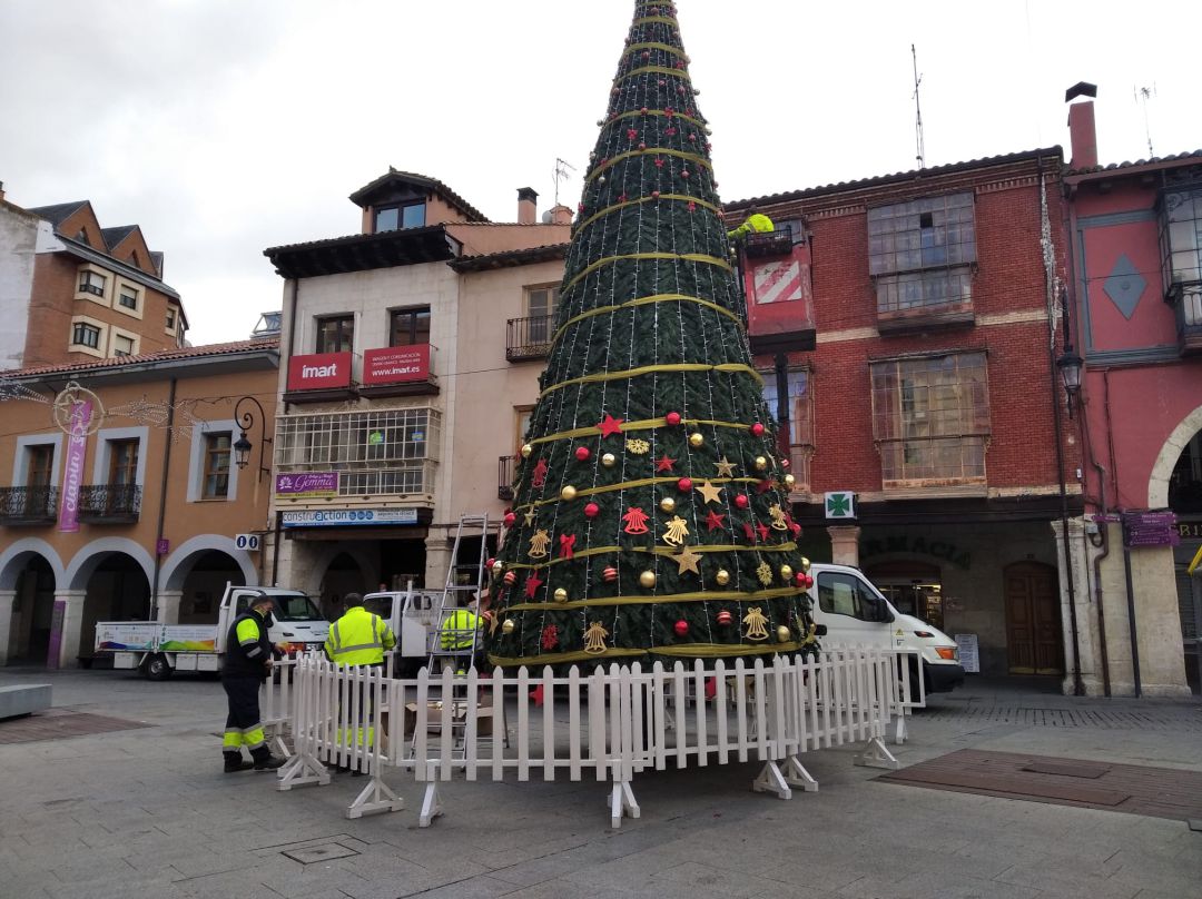 Los operarios municipales terminaban este jueves de engalanar el árbol de la Plaza Mayor