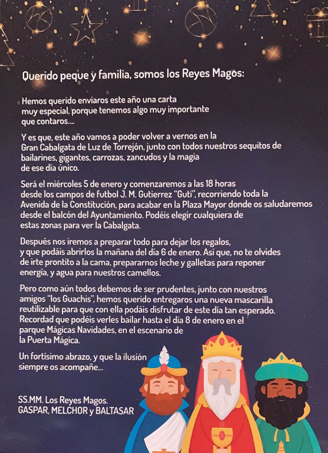 Folleto informativo de la cabalgata de Reyes que ha repartido en los buzones el Ayuntamiento de Torrejón de Ardoz. 