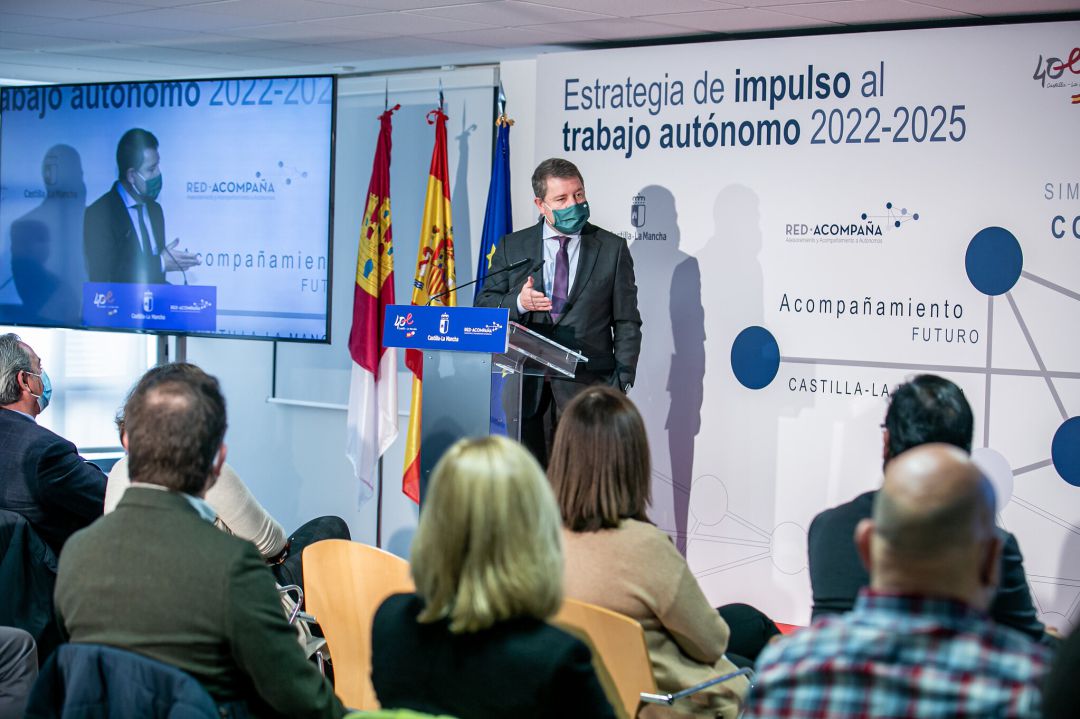El presidente de Castilla La Mancha, Emiliano García-Page, en el acto de presentación de la Estrategia de Impulso al Trabajo Autónomo 2022-2025