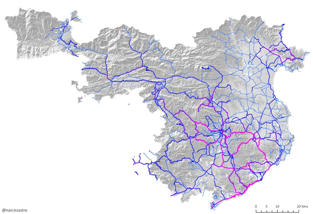 Mapa amb els fluxos dels ciclistes de les comarques de Girona.