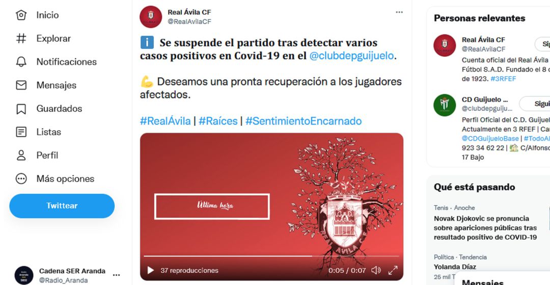 El Real Ávila comunicaba la suspensión a través de sus redes sociales.