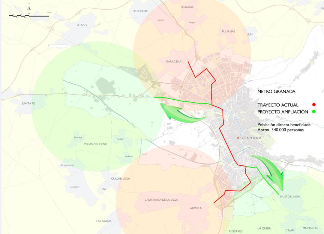 Mapa de la idea base para la ampliación del metro de Granada presentada por el alcalde, Paco Cuenca