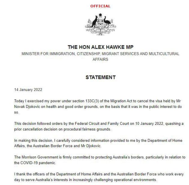 Declaración del Gobierno australiano.